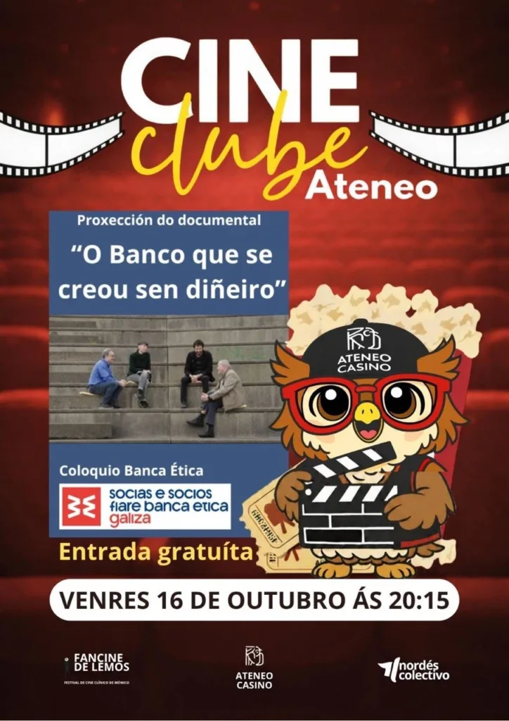 Cartaz proxeccion documental en Monforte coa información do evento e na imaxe a carátula do docu con persoas sentadas falando nunha escada e o logo do cineclube ateneo un moucho cunha claqueta de cine